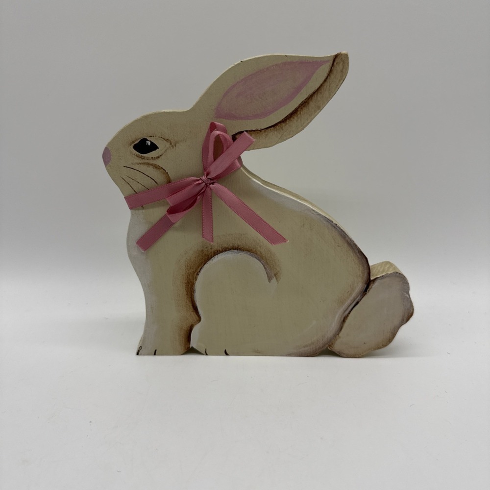 Hand Painted Vintage Wood Bunny Figurine Folk Art Whitewash Granny Core Country